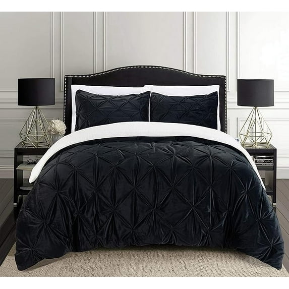 Elegant Comfort 3-Piece Set Pinch Pleated Sherpa Comforter Reversible and Luxurious. Fresh, Comfy Fabric, Pinch Pleated Sherpa Comforter, Queen, Black Knight