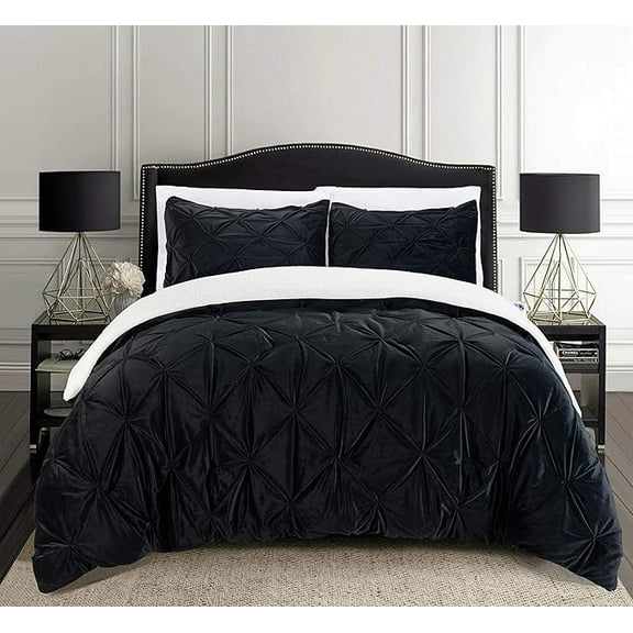 Elegant Comfort 3-Piece Set Pinch Pleated Sherpa Comforter Reversible and Luxurious. Fresh, Comfy Fabric, Pinch Pleated Sherpa Comforter, Queen, Black Knight