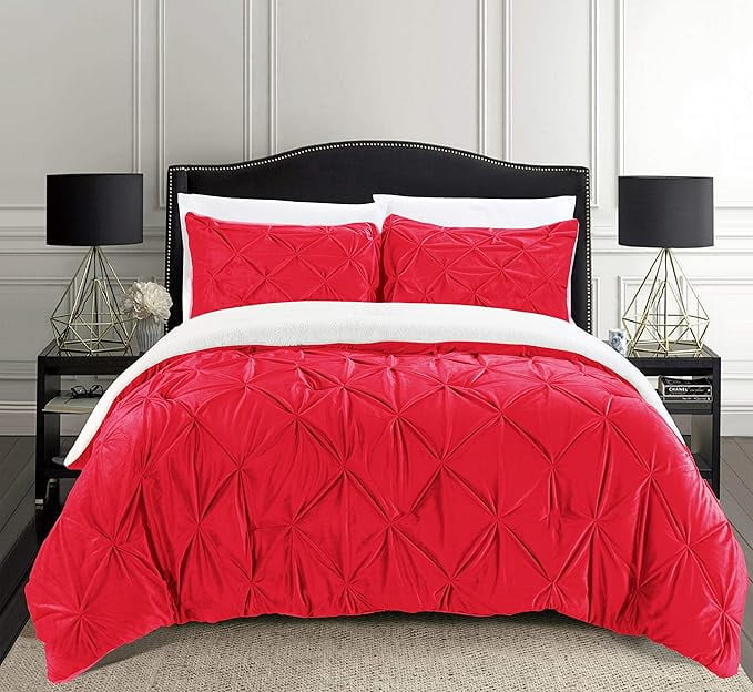 Elegant Comfort 3-Piece Set Pinch Pleated Sherpa Comforter Reversible and Luxurious. Fresh, Comfy Fabric, Pinch Pleated Sherpa Comforter, Queen, Bright Red