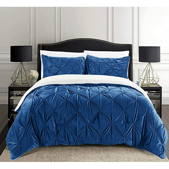 Elegant Comfort 3-Piece Set Pinch Pleated Sherpa Comforter Reversible and Luxurious. Fresh, Comfy Fabric, Pinch Pleated Sherpa Comforter, Queen, Pacific Navy