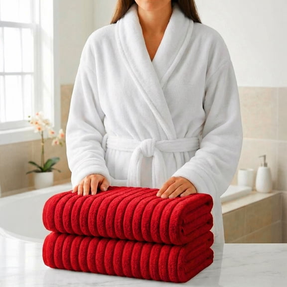 Elegant Comfort 3-Piece Spa Bath Set – Plush Bathrobe & 2 Ribbed Bath Towels, Thick Absorbent Hotel Quality Bathroom Essentials, Red Bath Towel, White Robe ,Medium