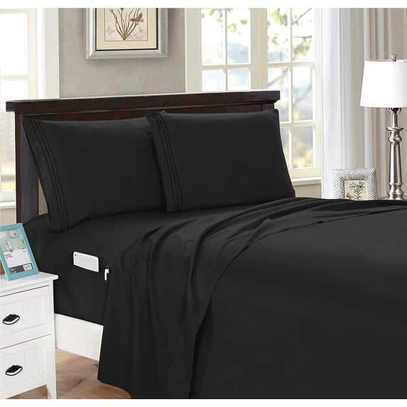 Elegant Comfort 1500 Series 4-Piece Smart Sheet Set with Side Storage Pockets, Twin, Black