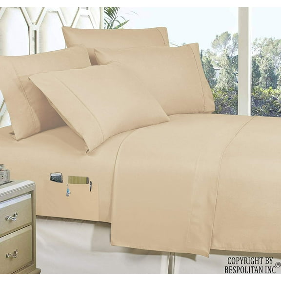 Elegant Comfort 3-Piece TWIN- Smart Sheet Set! Soft 1800 Series Wrinkle and Fade Resistant with Side Storage Pockets on Fitted Sheet, Twin, Cream