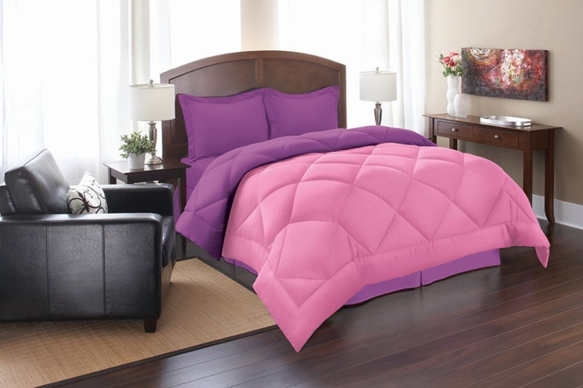 Queen Pink and Purple Microfiber Reversible Comforter Set