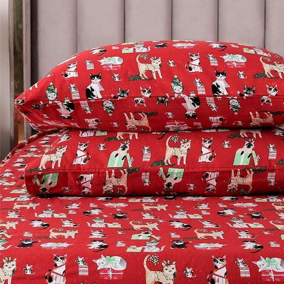 Elegant Comfort - 4 PIECE Holiday Christmas Flannel Cotton Sheet Set, Deep Pocket Fitted - King, Cats In Holiday