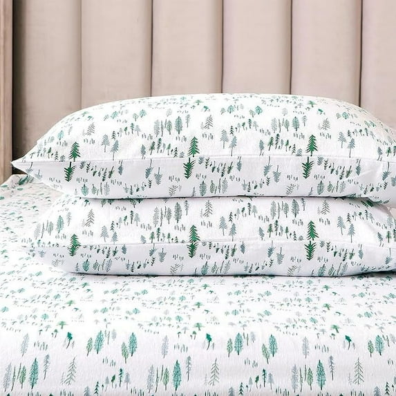 Elegant Comfort - 4 PIECE Holiday Christmas Flannel Cotton Sheet Set, Deep Pocket Fitted - King, Green Pine
