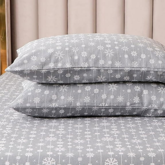 Elegant Comfort - 4 PIECE Holiday Christmas Flannel Cotton Sheet Set, Deep Pocket Fitted - King, Snowflake Gray