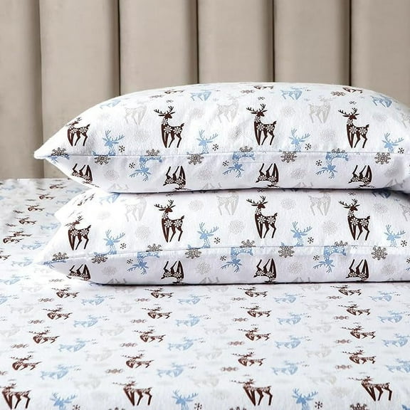 Elegant Comfort - 4 PIECE Holiday Christmas Flannel Cotton Sheet Set, Deep Pocket Fitted - Queen, Brown Deer