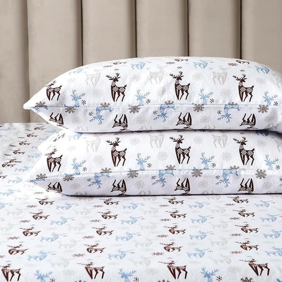 Elegant Comfort - 4 PIECE Holiday Christmas Flannel Cotton Sheet Set, Deep Pocket Fitted - Twin, Brown Deer