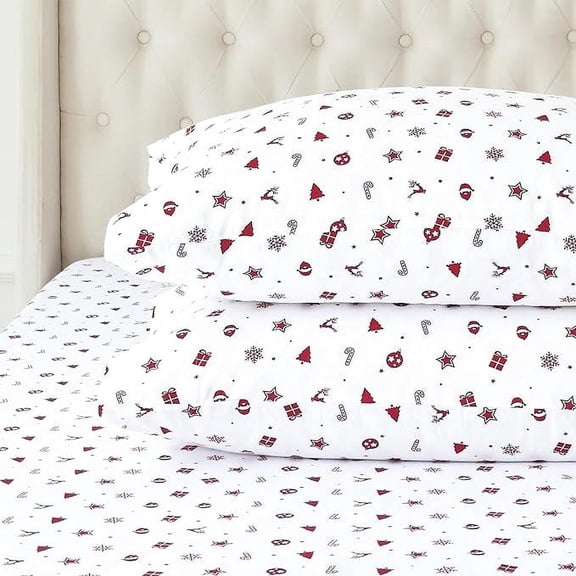 Elegant Comfort Cotton Flannel 4-Piece Bed Sheet Set - Deep Pocket, Twin XL, Red Stars