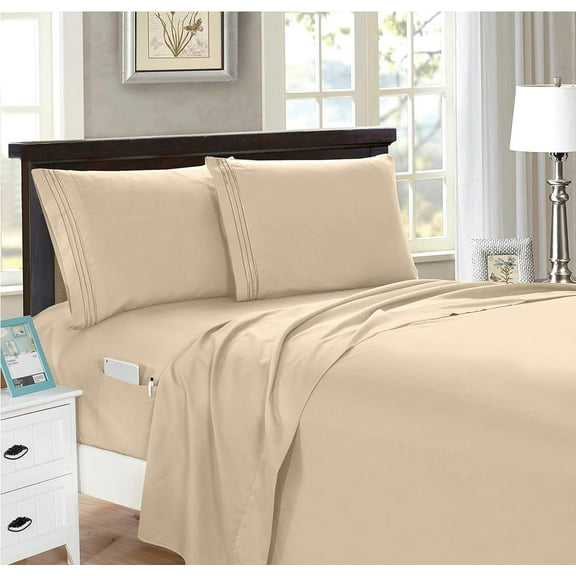 Elegant Comfort 1500 Series 4-Piece Smart Sheet Set with Side Storage Pockets, Full, Cream