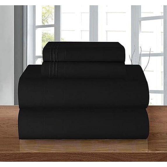 Elegant Comfort 4-Piece Bed Sheet Set, Three-Line Design 1500 Thread Count Quality Microfiber - Wrinkle and Fade Resistant - Deep Pocket, Queen, Black