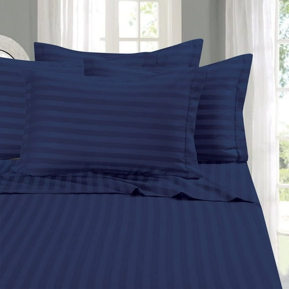 Elegant Comfort 4-Piece Damask Stripes Navy Blue Polyester Bed Sheet Set, Queen- Wrinkle Resistant