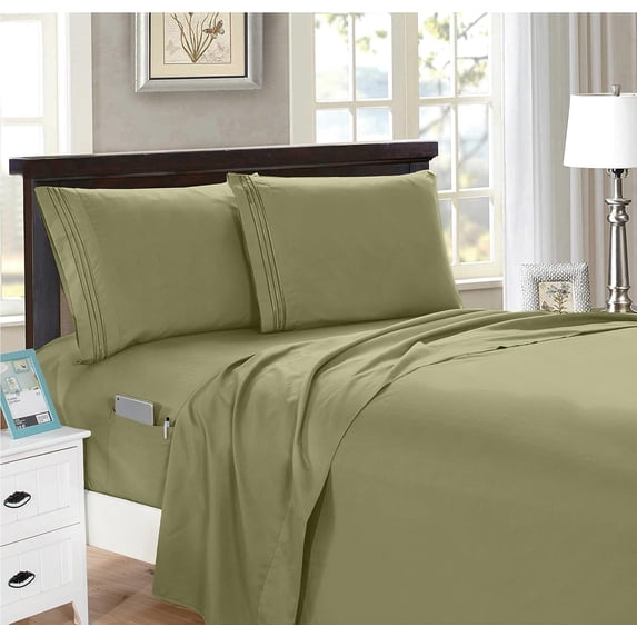 Elegant Comfort 1500 Series 4-Piece Smart Sheet Set with Side Storage Pockets, Full, Sage Green