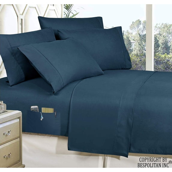 Elegant Comfort 4-Piece FULL- Smart Sheet Set! Soft 1800 Series Wrinkle and Fade Resistant with Side Storage Pockets on Fitted Sheet, Full, Navy Blue