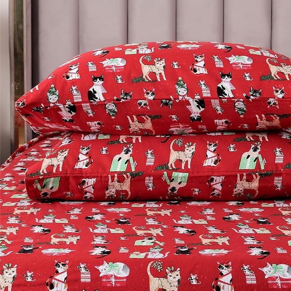 Elegant Comfort 4-Piece Flannel Sheet Set - Holiday Christmas Flannel Sheets, Warm and Cozy Anti-Pill Quality, Deep Pocket Fitted Sheet- Queen, Cats In Holiday