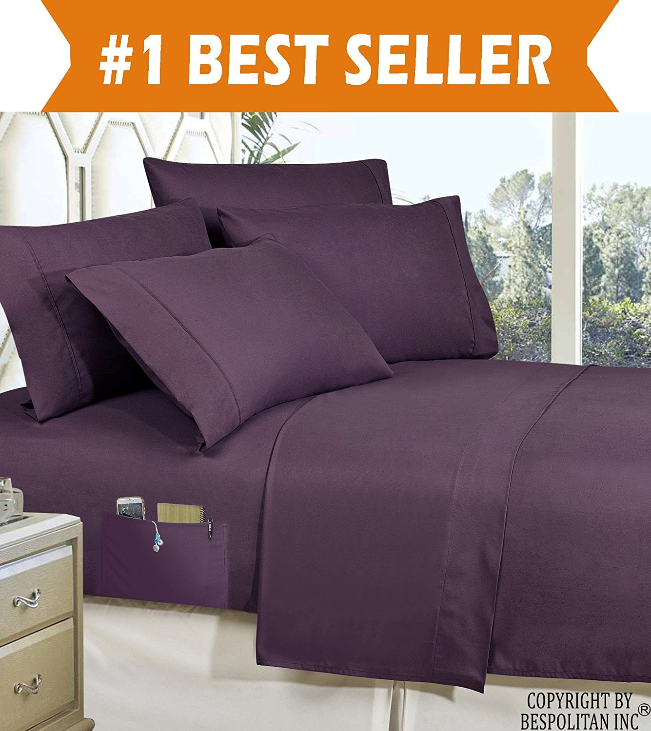 Elegant Comfort 4-Piece KING- Smart Sheet Set! Soft 1500 Series Wrinkle and Fade Resistant with Side Storage Pockets on Fitted Sheet, King, Eggplant-Purple