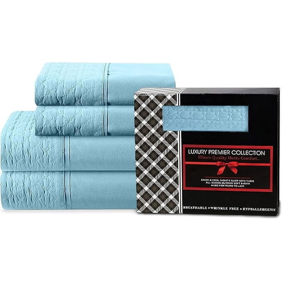 Elegant Comfort 4-Piece Quilted Bed Sheet Set - Gift Box - 1500 Series Softness - Wrinkle Resistant - All Around Elastic Fitted Sheet, Deep Pocket, Full, Aqua