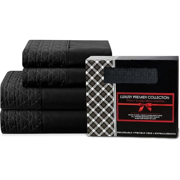 Elegant Comfort 4-Piece Quilted Bed Sheet Set - Gift Box - 1500 Thread Count Quality Softness - Wrinkle Resistant - All Around Elastic Fitted Sheet, Deep Pocket, Full, Black
