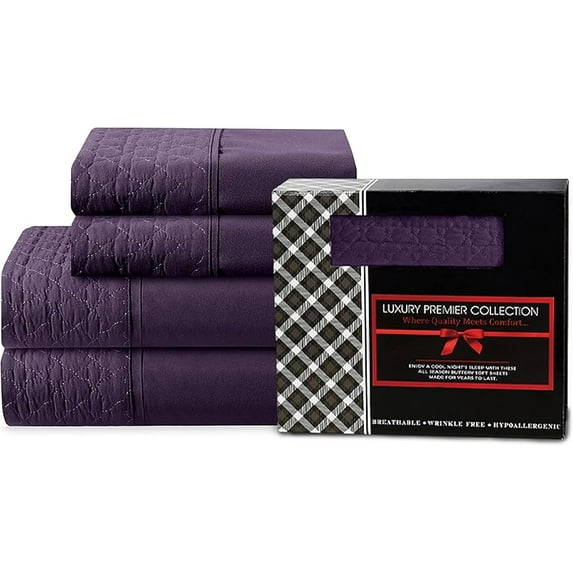 Elegant Comfort 4-Piece Quilted Bed Sheet Set - Gift Box - 1500 Thread Count Quality Softness - Wrinkle Resistant - All Around Elastic Fitted Sheet, Deep Pocket, Full, Purple