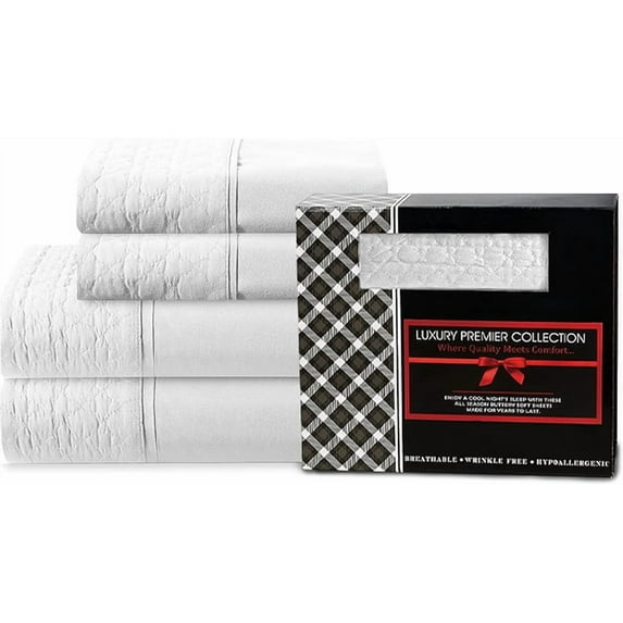 Elegant Comfort 4-Piece Quilted Bed Sheet Set - Gift Box - 1500 Thread Count Quality Softness - Wrinkle Resistant - All Around Elastic Fitted Sheet, Deep Pocket, King, White