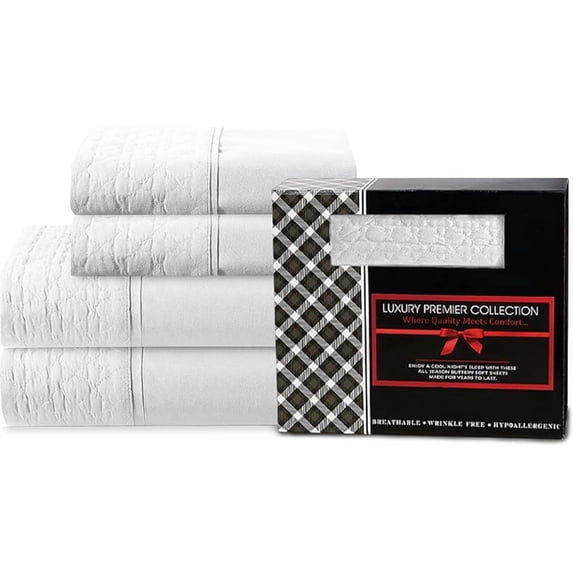 Elegant Comfort 4-Piece Quilted Bed Sheet Set - Gift Box - 1500 Thread Count Quality Softness - Wrinkle Resistant - All Around Elastic Fitted Sheet, Deep Pocket, King, White