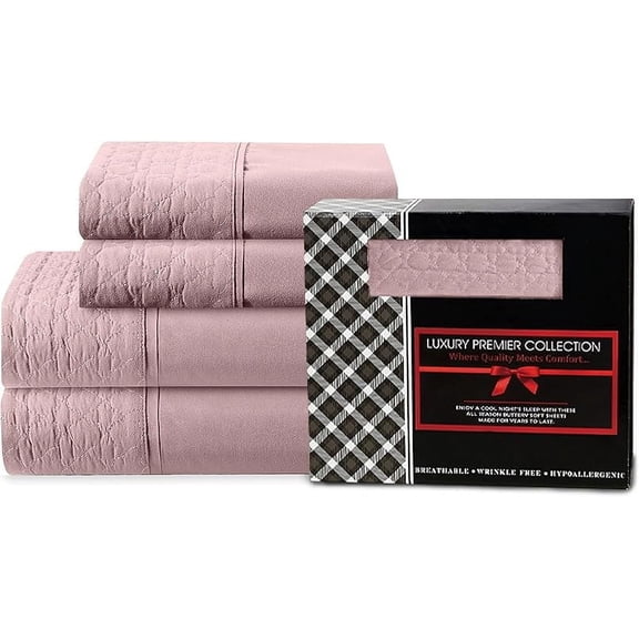 Elegant Comfort 4-Piece Quilted Bed Sheet Set - Gift Box - 1500 Thread Count Quality Softness - Wrinkle Resistant - All Around Elastic Fitted Sheet, Deep Pocket, Queen, Dusty Rose
