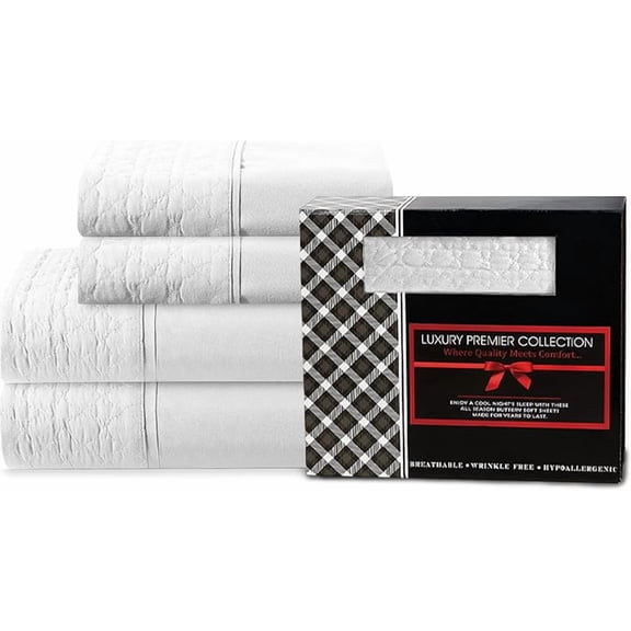 Elegant Comfort 4-Piece Quilted Bed Sheet Set - Gift Box - 1500 Thread Count Quality Softness - Wrinkle Resistant - All Around Elastic Fitted Sheet, Deep Pocket, Queen, White
