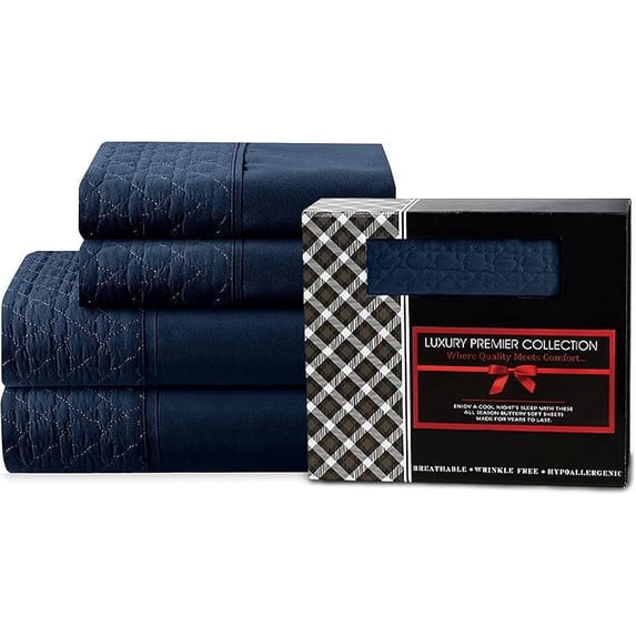 Elegant Comfort 4-Piece Quilted Bed Sheet Set - Gift Box - 1500 Thread Count Quality Softness - Wrinkle Resistant - All Around Elastic Fitted Sheet, Deep Pocket, Twin, Navy Blue