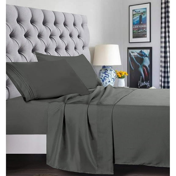6 Piece Bed Sheets ,Flat Sheet,Fitted and Pillowcase1500 Series Bed Sheet set- , Queen Grey