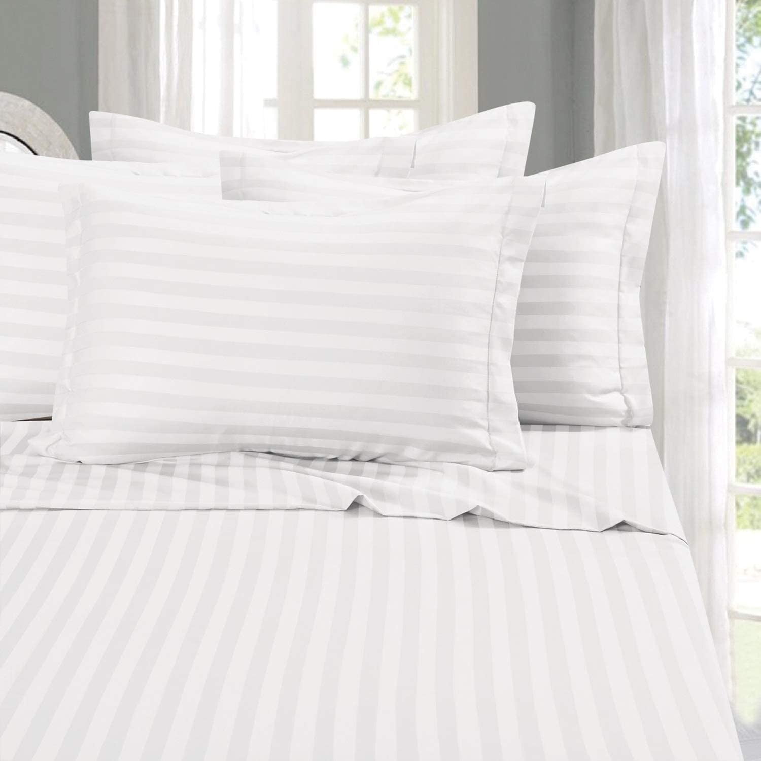 Elegant Comfort 6 Piece Bed Sheets Queen White Stripes 1500 Series Polyester