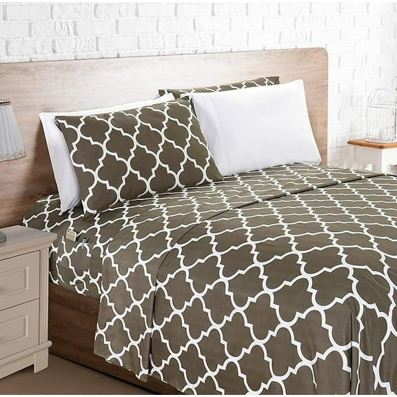 Elegant Comfort 6-Piece Moroccan Trellis Print Sheet Set, Cozy, Fade Resistant, 1500 Thread Count, Deep Pocket Fitted Sheet with Smart Pockets, Moroccan Trellis Sheet Set, King, Storm Gray