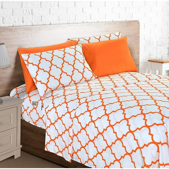 Elegant Comfort 6-Piece Moroccan Trellis Print Sheet Set, Cozy, Fade Resistant, 1500 Thread Count, Deep Pocket Fitted Sheet with Smart Pockets, Moroccan Trellis Sheet Set, Full, Neon Orange