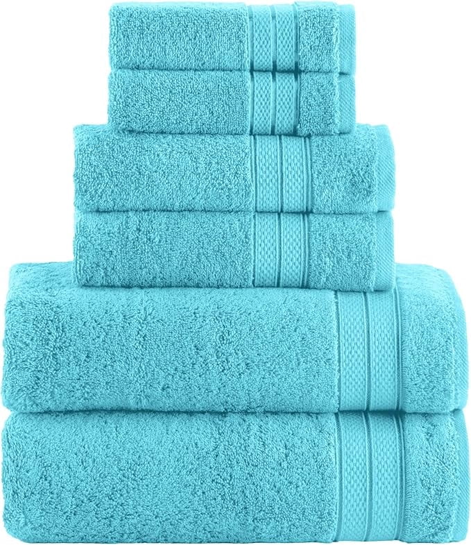 Elegant Comfort 6-Piece Towel Set - Three Line Popcorn Design, 100% Turkish Cotton, Soft and Absorbent, Quick-Drying, 2 Bath Towels, 2 Hand Towels, 2 Washcloths - Aqua