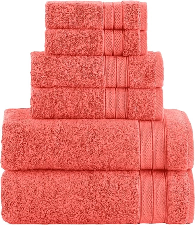 Elegant Comfort 6-Piece Towel Set - Three Line Popcorn Design, 100% Turkish Cotton, Soft and Absorbent, Quick-Drying, 2 Bath Towels, 2 Hand Towels, 2 Washcloths - Coral