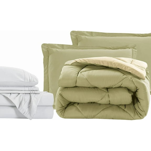 Elegant Comfort 7-Piece Bed-in-a-Bag Comforter and Sheet Set- 1500 Series 7-Piece Full Size Bed-in-a-Bag, Bed Sheets and Comforter Set, Wrinkle and Stain Resistant, Sage/Cream