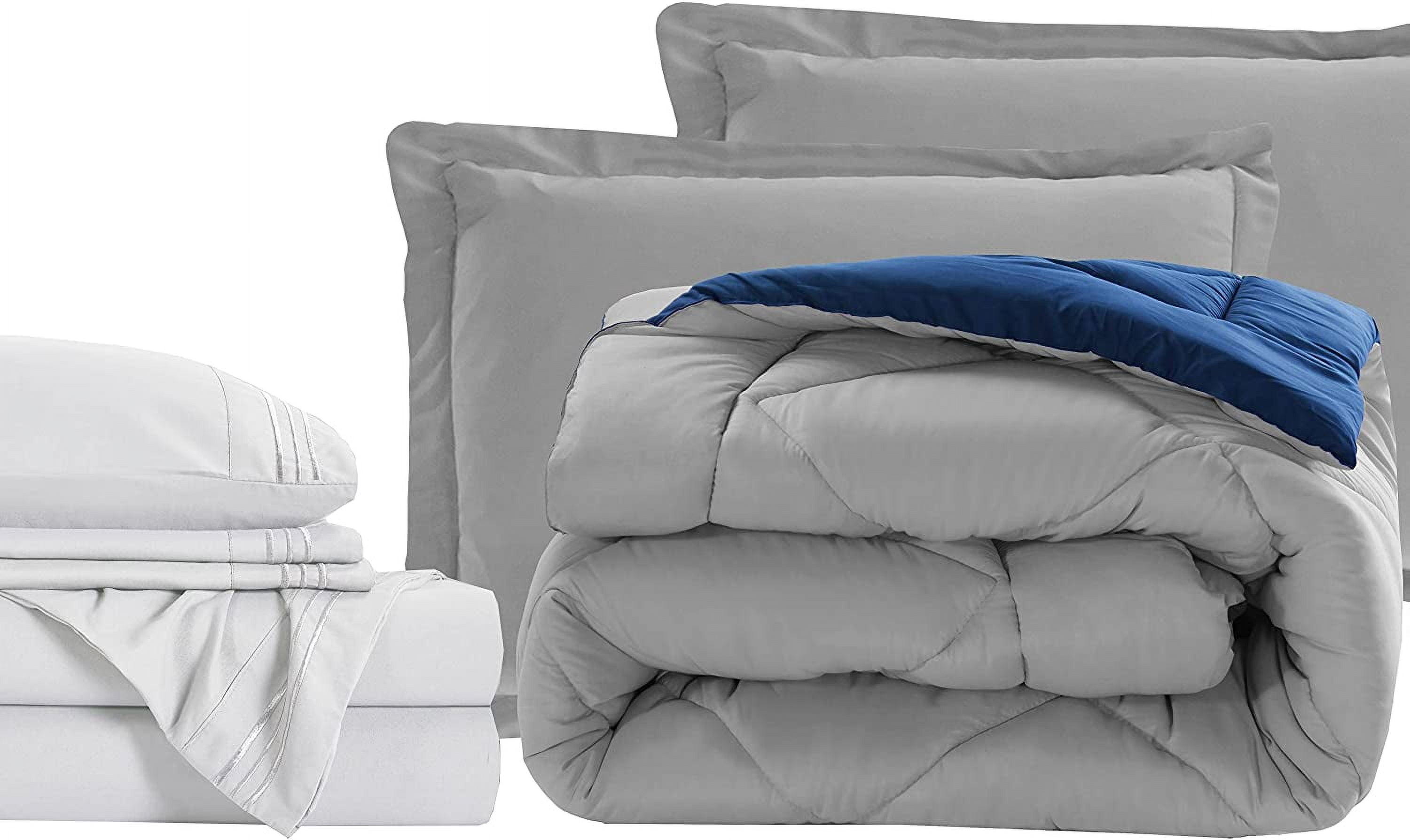 Elegant Comfort 7-Piece Bed-in-a-Bag Comforter and Sheet Set- 1500 Series 7-Piece Queen Size Bed-in-a-Bag, Bed Sheets and Comforter Set, Wrinkle and Stain Resistant, Silver/Navy