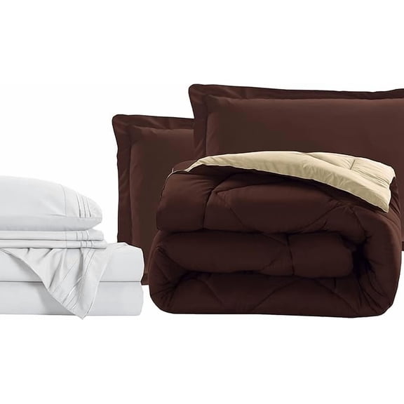 Elegant Comfort 7-Piece Bed-in-a-Bag Comforter & Sheet Set- Luxury 1500 Thread Count 7-Piece RV SHORT Size Bed-in-a-Bag, Cozy Bed Sheets and Comforter Set, Wrinkle and Stain Resistant, Brown/Cream