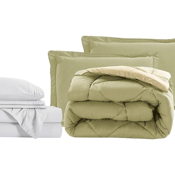 Elegant Comfort 7-Piece Bed-in-a-Bag Comforter & Sheet Set- Luxury 1500 Series 7-Piece Twin XL Size Bed-in-a-Bag, Super Cozy Bed Sheets and Comforter Set, Wrinkle and Stain Resistant, Sage/Cream