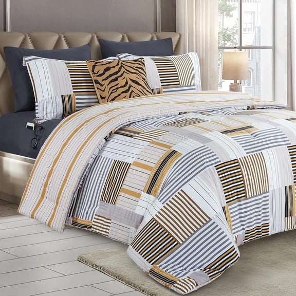 Elegant Comfort 8-Piece Animal Print Patch Reversible Comforter Set, All-Season Bed in a Bag - Includes Sheet Set with Smart Pockets, Matching Shams & Decorative Pillow, Full/Queen, Gold