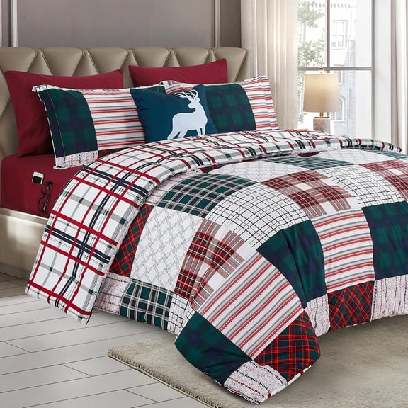 Elegant Comfort 8-Piece Cabin Lodge Patch Reversible Comforter Set, All-Season Bed in a Bag - Includes Sheet Set with Smart Pockets, Matching Shams & Decorative Pillow, Twin/Twin XL, Burgundy