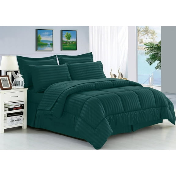 Elegant Comfort 8-Piece Dobby Stripe Bed-in-a-Bag Comforter Set, Includes 4pc Smart Sheet Set, Bed Skirt, Comforter, Matching Pillowcases, and Shams - Full/Queen, Marine Teal