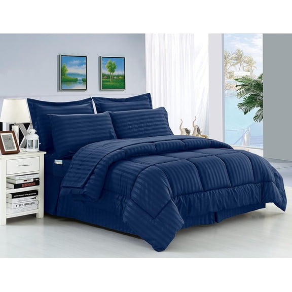 Elegant Comfort 8-Piece Dobby Stripe Bed-in-a-Bag Comforter Set, Includes 4pc Smart Sheet Set, Bed Skirt, Comforter, Matching Pillowcases, and Shams - Full/Queen, Navy Blue