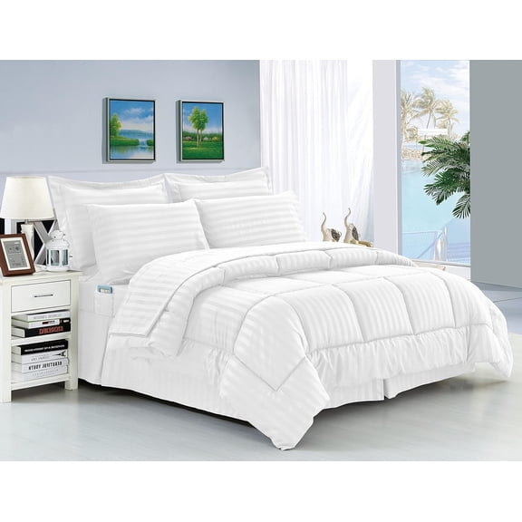 Elegant Comfort 8-Piece Dobby Stripe Bed-in-a-Bag Comforter Set, Includes 4pc Smart Sheet Set, Bed Skirt, Comforter, Matching Pillowcases, and Shams - Full/Queen, White