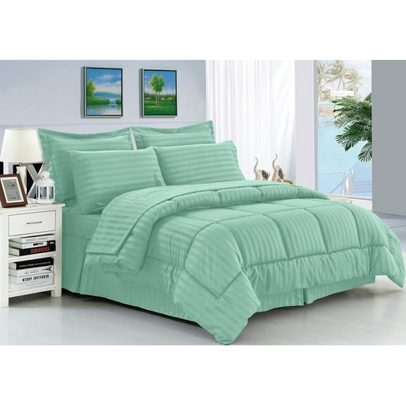 Elegant Comfort 8-Piece Dobby Stripe Bed-in-a-Bag Comforter Set, Includes 4pc Smart Sheet Set, Bed Skirt, Comforter, Matching Pillowcases, and Shams - Full/Queen, Mint Green