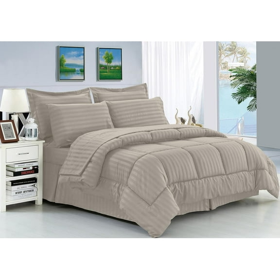 Elegant Comfort 8-Piece Dobby Stripe Bed-in-a-Bag Comforter Set, Includes 4pc Smart Sheet Set, Bed Skirt, Comforter, Matching Pillowcases, and Shams - Full/Queen, Linen
