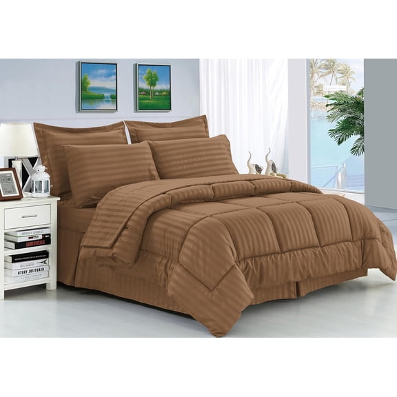 Elegant Comfort 8-Piece Dobby Stripe Bed-in-a-Bag Comforter Set, Includes 4pc Smart Sheet Set, Bed Skirt, Comforter, Matching Pillowcases, and Shams - King/California King, Taupe