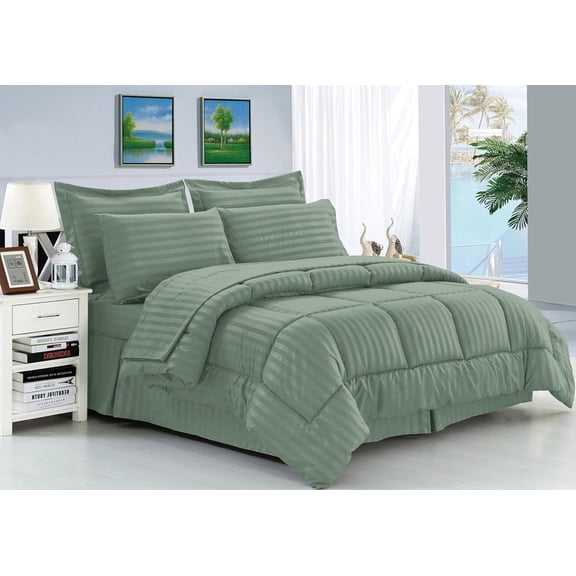 Elegant Comfort 8-Piece Dobby Stripe Bed-in-a-Bag Comforter Set, Includes 4pc Smart Sheet Set, Bed Skirt, Comforter, Matching Pillowcases, and Shams - King/California King, Smoke Green
