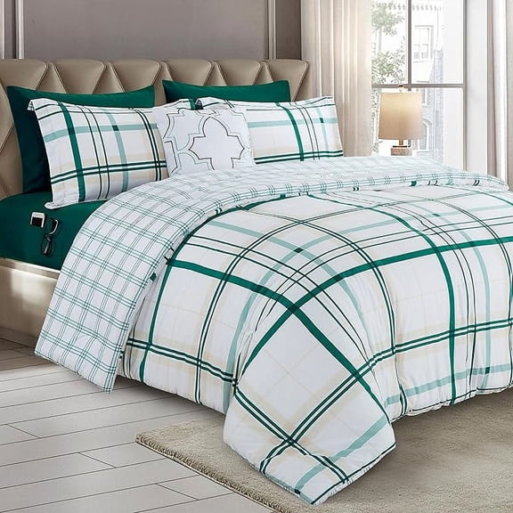 Elegant Comfort 8-Piece Lodge Plaid Reversible Comforter Set-All Season Bed in a Bag, 4-Piece Sheet Set Featuring Smart Pockets,King/California King, Emerald Green