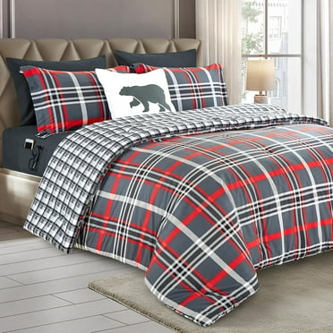Elegant Comfort 8-Piece Lodge Plaid Reversible Comforter Set, All-Season Bed in a Bag - Includes Sheet Set with Smart Pockets, Matching Shams & Decorative Pillow, Full/Queen, Burgundy